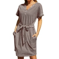 Ženska haljina V izrez Striped tiskani kratki rukav o vratu Dame Spring Summer Ouwering Travel Slatke