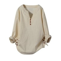 Oalirro ženske bluze Dressy pamuk s dugim rukavima i posteljina Vintage majica V izrez Khaki