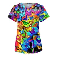 Ženske bluze Žene modni leptir Print V-izrez na platnu odjeću s kratkim rukavima s džepovima, kao što