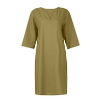 GDFUN Ženska ljetna retro pune boje pamučne posteljine V-izrez pola rukava haljina svjetla dimljiva haljina majice za žene