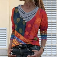 Hanas ženska casual labava fit retro tiskana na donju košulju od V-izreza Crvena, L