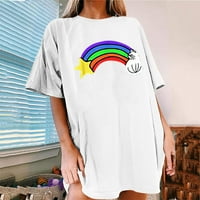 Lovskoo majice kratkih rukava za žene Trendi ljetni vrhovi cvjetni tiskani za vintage dvostruke rukave Rainbow uzorak casual white