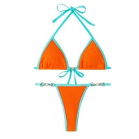 Tking Fashion Womens Dva bikinija kupaće kostim blok u boji Halter lančani trokut kupanje odijelo narančasta