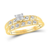 Čvrsta 10k žuto zlato i njezina okrugla Diamond Square Podudarni par tri prstena za brisanje prstena