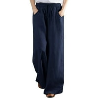 Široka pamučne pamučne pantalone za žene za žene casual visoke struk pantalone sa džepom tamnoplavim
