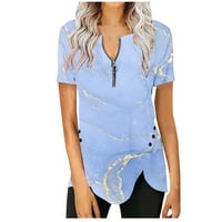 Ženske vrhove Ženska bluza s kratkim rukavima Modni grafički otisci T-majice Henley Ljetni tunik Tee Blue XL