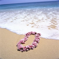Izbliza ružičastih lei u pijesku na plaži, pjeneći obale vode, plavi nebo plakat print