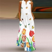 Duge haljine za žene Print V izrez Maxi Loose haljina Boho Beach Dug Senderss sa džepovima Ležerna bijela
