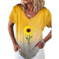 Modne žene V-izrez od tiskanih kratkih rukava sa suncokretom labavom pulover majicom