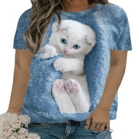 Paille žene majica kratki rukav ljetni vrhovi mačka tiskana majica labava tunika bluza plava 4xl