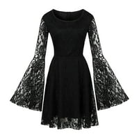 Maxi haljine za žene okrugli vrat Čvrsta boja dugih rukava čipka za vezom svečana haljina crna l