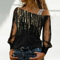 Ženska majica Žene Casual Sequin Print Top košulja Mesh Dugih rukava Hladna košulja na rame Out-Elegant
