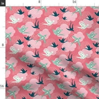 Tiskani ručnik za čaj, platno pamučno platno - nebo ružičaste ptice oblaci životinje air nature fantasy blush menta tisak ukrasni kuhinjski ručnik od kašičice