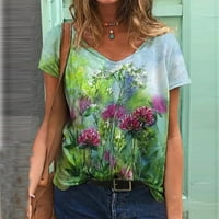 Floleo ženski vrhovi čišćenje ljetni modni ženski V-izrez rukav majica s majicom cvjetni ispis labav