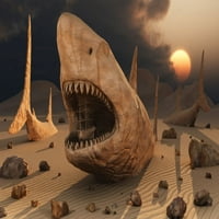 Megalodonska pustinja je 3D nadrealna konceptna slika koja sadrži najveće morske pse koje su živjele na zemlji tokom pretencijskog perioda plakata