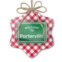 Božićni ukras zeleni putni znak Dobrodošli u Porterville Red Plaid Neonblond