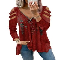 Ženska majica Dugi rukav Tee V izrez Majica Gradijent pulover jesenski tunički bluza crvena 5xl