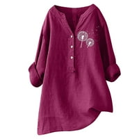 Ženski vrhovi plus veličina modna tiskana ležerna majica dugi rukav gumb V-izrez pamuk i bluza bluza