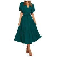 Ženska ljetna casual V-izrez Čvrsta boja kratkih rukava s kratkim rukavima Duga Boho haljina, mornarice,