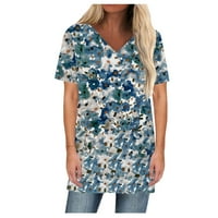 Ženske bluze Ženske modne ležerne prilike print V-izrez kratkih rukava tiskana majica plavi xxl