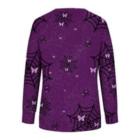 Žene Halloween Majica Spider Web grafički pulover Jesen Zima Ležerne prilike, Dugi rukav Top Crewneck Pwourkshirt Witch Holiday Bluze ljubičaste