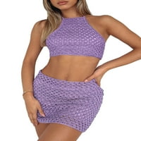 Žene Ljeto Klit suknje set Crochet Hollow bez rukava Halter Crat ubod Bodycon Tie-up mini suknja