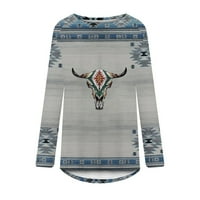Ženske dugih rukava Zapadne majice Aztec Geometrijski print casual labavi fit tunički vrhovi plavi m