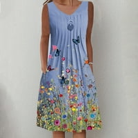 Ženska ljetna casual okrugla vrata bez rukava sa džepom tiskane haljine Sky Blue XXL