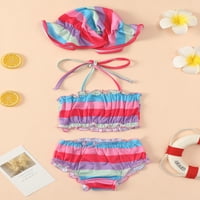 Baby Girls Split kupaći kostim, ljetni cvjetni ispis Stripe viseći vrat bez rukava bez rukava + kratke hlače + plivajuća kapa