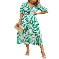 Biayxms Ženska ljetna dugačka haljina kratkih rukava V vrat uzorak cvjetno print plaža haljina