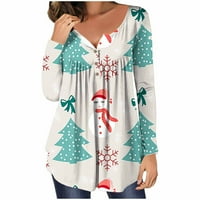 Hoksml Božićna odjeća Ženski povremeni božićni ispisani pulover okrugli vrat Dugmad dugih rukava bluza