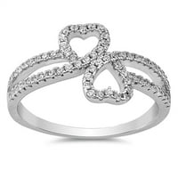 Micro Pave Heart Clear CZ Winge Ring. Sterling srebrni bend bijeli nakit ženski veličine 7