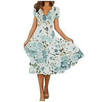 Ljetne haljine za žene kratki rukav Mid-duljina modna A-line ispisane V-izrez haljine Ležerne haljine