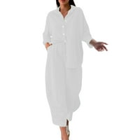 Yinmgmhj Žene Retro Plus Size pamuk i košulja odijelo visoki struk odijelo Top hlače dugih rukava bijeli