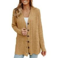 Skpblutn ženski kardigan džemperi zimski jesen casual udobne vrhove moda srednja dužina s vratom dugih rukava pletene džemper kapute Khaki XXL