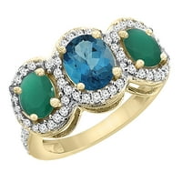 14k žuto zlato prirodno London Blue Topaz & Cabochon smaragd 3-kameni prsten ovalni dijamant akcent, veličina 6.5