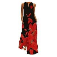 Ženske povremene haljine za žene labave zabave cvjetni V-izrez Maksi bez rukava bez rukava Crveni XL