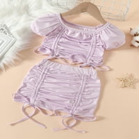 TODDLER Djevojke za bebe Ljetna odjeća setovi na pločice s kratkim rukavima na vrhu krovnih rukava + ruched suknje