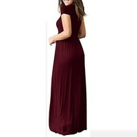 Efsteb Maxi haljina za žene Classic Solid Color CrewNeck Ljetna haljina Ležerne haljina od kratkog rukava Trendi džepovi Dugi haljina Vina s