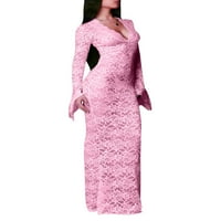 Žene vide kroz čipku cvjetni maxi haljina Bodycon dugih rukava dugačak haljina s niskim rezom V vrat
