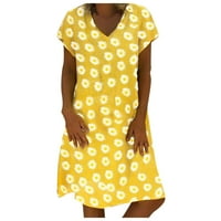 Žene plus veličina haljina za čišćenje žene plus veličina casual tratinčica tiskana v-izrez kratki rukav labav duljina koljena žuta