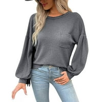 Ležerne majice za žene - pulover s dugim rukavima TOP SOLID CREW izrez Elegantne labave vrhove Puff rukavi vrhovi tamno siva