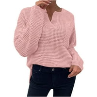 Ležerni kukičani džemperi za žene s dugim rukavima V izrez Čvrsta tunika Srednja duljina pletena vrhova džep rastezljivi pulover zimski skakači