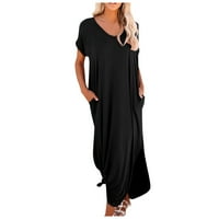 Ženska V-izrez modna čvrsto dugačka haljina s kratkim rukavima s kratkim rukavima crna m