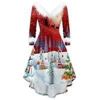 Naughtyhood božićne haljine za žene, ženske haljine s dugim rukavima Božićni otisak krznenog V-izreza