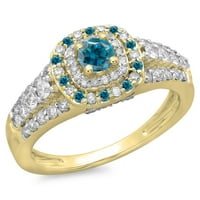 Zbirka dazzlingock 1. Carat 14k Round Blue & White Diamond Bridal Halo Angažman prsten CT, žuto zlato,
