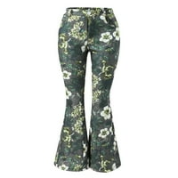 Ženska cvjetna traperica - visok struk labav gumb traper hlače Stretch hlače sa džepom Vintage modne plamene traperice zelene xl