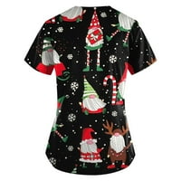 Bazyrey ženska bluza Ženski božićni tisak kratkih rukava V-izrez V-izrez Radni džep bluza crni xl