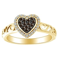 Carat Okrugli rez Brown & White Prirodni dijamant Filigranski prsten za srce 10K Čvrsto žuto zlato -