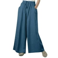 Ylioge Jesenske hlače za žene pune dužine pune boje širine noge Trendi pantalone džepovi posteljina